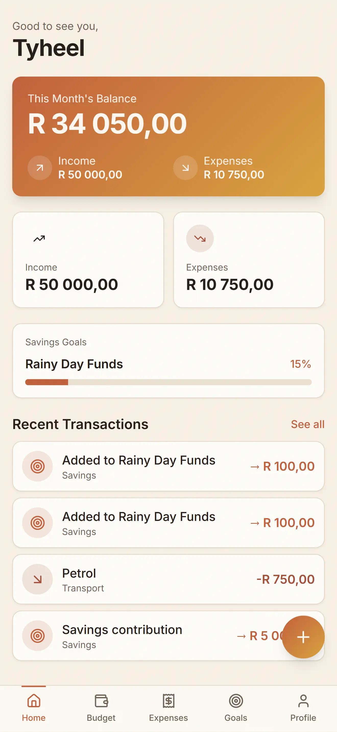 Crest dashboard screen showing balance, income versus expenses and recent activity